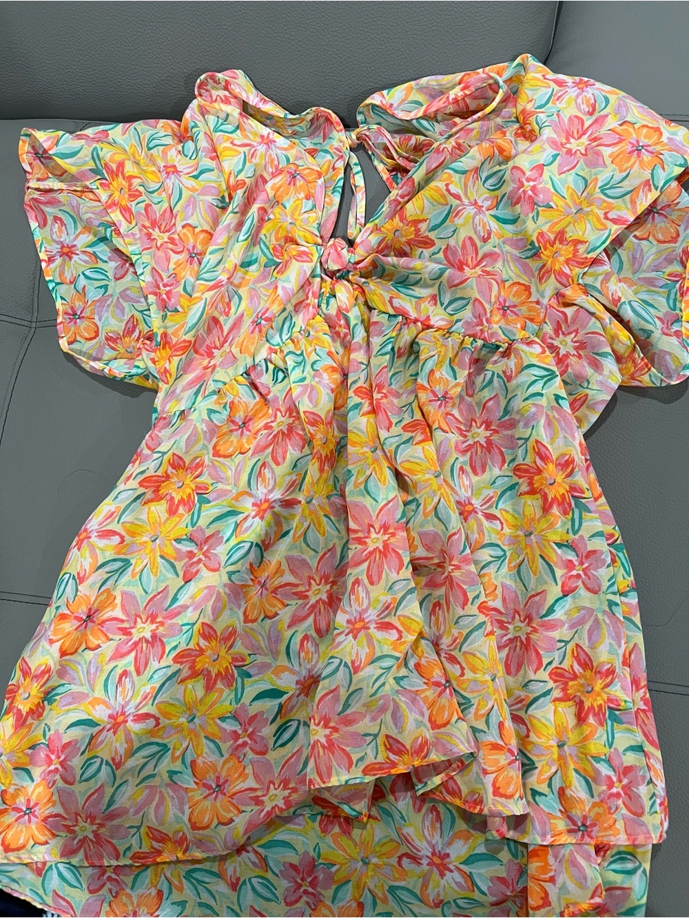 Primark Floral Tie-Front Flutter Sleeve Dress— Pink, Yellow & Green